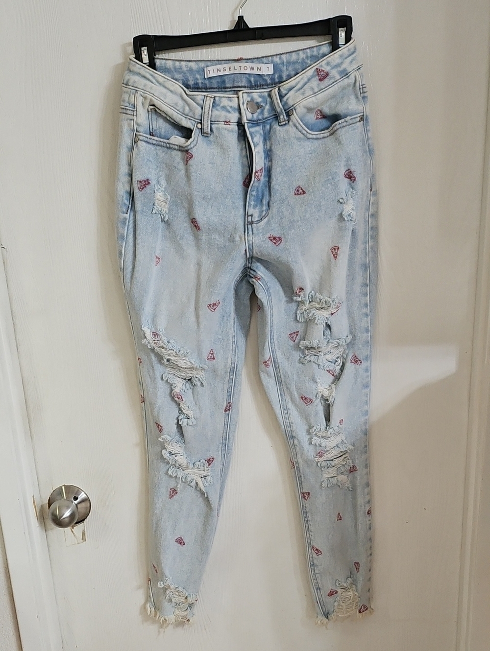 Tinseltown Light Blue Ripped Skinny Jeans with Red Pizza Accents
